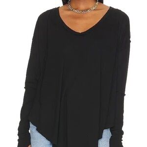 Heather Black Ribbed V-Neck Long Sleeve Top